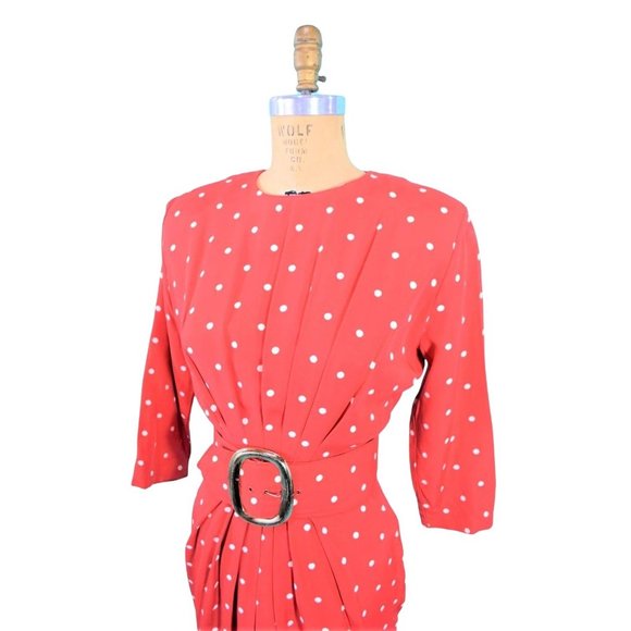Vintage 1980s Wiggle Dress 50s Style Red Polka Dot Pinup Hourglass W 27" - Picture 4 of 5